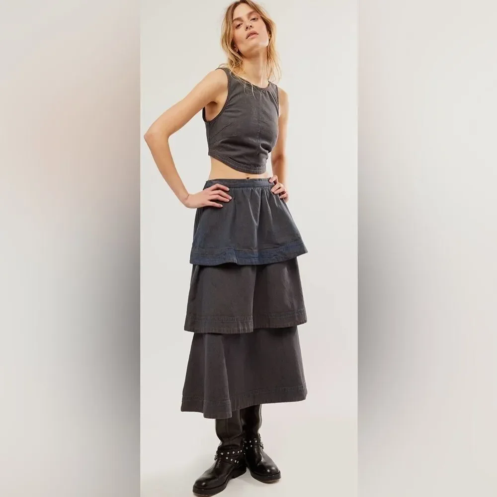 Free People 2 Piece Ryder Denim Set Skirt & Crop Top Size Medium